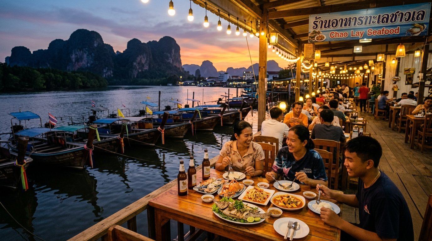 กินซีฟู้ดกระบี่ ที่ไหนดี? ร้านริมน้ำที่คนกระบี่แนะนำจริงๆ ไม่ใช่แค่ร้านในแอป ร้านซีฟู้ดกระบี่ริมน้ำยามเย็น บรรยากาศท้องถิ่น อาหารทะเลสดใหม่