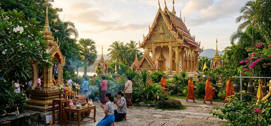 วัดเกาะสมุย ไหว้พระ บรรยากาศสายบุญยามเช้าที่พระอุโบสถทองงามกลางธรรมชาติเขียวขจี