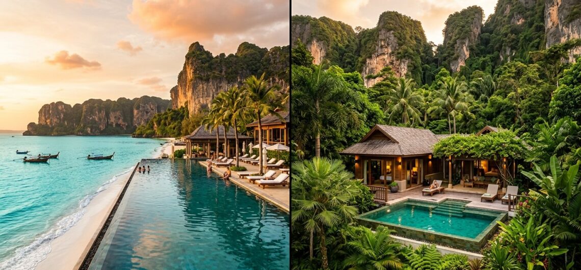 ที่พักกระบี่ติดหาด เปรียบเทียบรีสอร์ทริมทะเลและวิลล่าส่วนตัวท่ามกลางหน้าผาหินปูนกระบี่