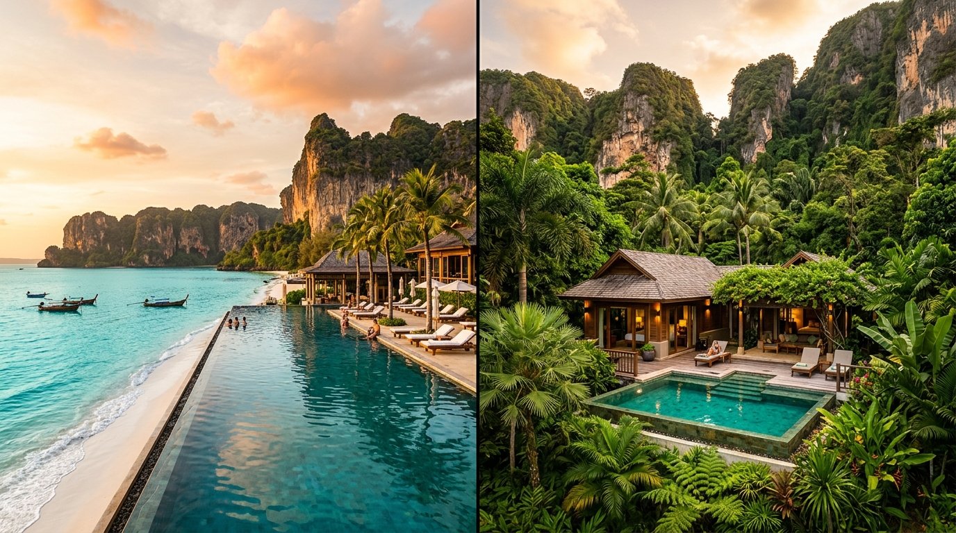 รีสอร์ทติดหาดกระบี่ VS วิลล่าส่วนตัว เลือกแบบไหนให้ตรงสไตล์ทริปคุณ ที่พักกระบี่ติดหาด เปรียบเทียบรีสอร์ทริมทะเลและวิลล่าส่วนตัวท่ามกลางหน้าผาหินปูนกระบี่